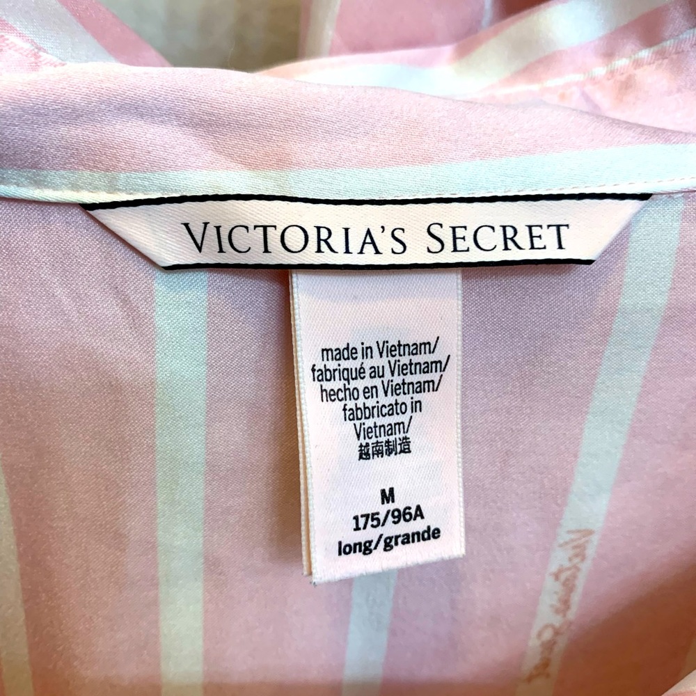 Victorias Secret Satin Pajamas in Pink and White Stripe Size Medium Long